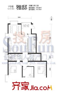 榮御原上園戶型圖雅?。?號樓C戶型） 3室2廳2衛(wèi)1廚