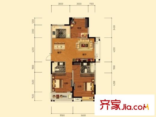 臥龍麗景灣三期2號(hào)樓2F戶型 3室2廳2衛(wèi)1廚