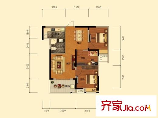 臥龍麗景灣三期2號(hào)樓2E戶型 3室2廳1衛(wèi)1廚