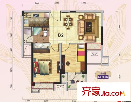 名流公館401棟B2戶型（售完） 2室2廳1衛(wèi)1廚