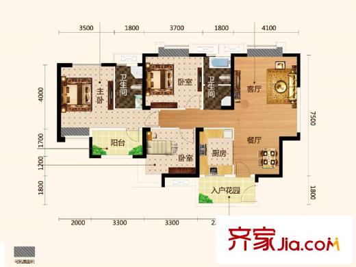 觀瀾國際14、15號(hào)樓A1戶型 3室2廳2衛(wèi)1廚