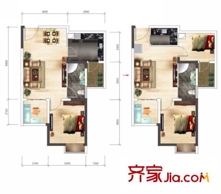 光谷自由城1、2、3、4號(hào)樓C戶型 1室2廳1衛(wèi)1廚