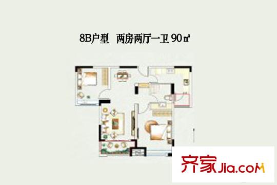 瓏平方米軒A8號樓8B戶型 2室2廳1衛(wèi)1廚