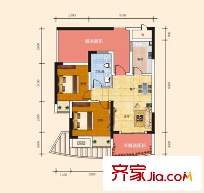 長江楚韻1號樓D戶型 2室2廳1衛(wèi)1廚