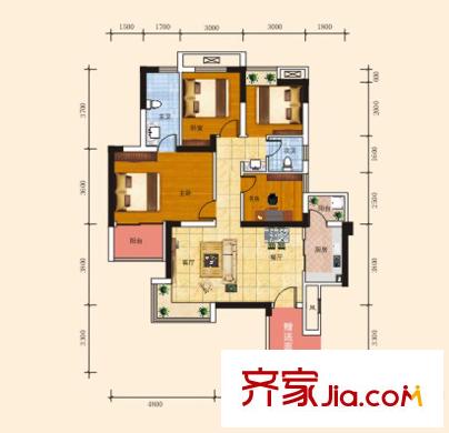 長江楚韻1號樓B戶型 3室2廳2衛(wèi)1廚