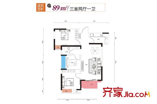 光谷悅城1、2、3、5、6號樓89平米戶型 3室2廳1衛(wèi)1廚