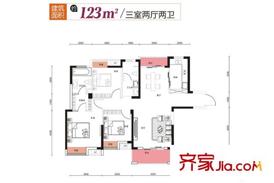 光谷悅城2號樓123平米戶型 3室2廳2衛(wèi)1廚