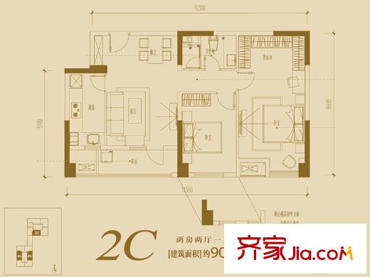 萬科金域湖庭1單元、2單元2C戶型圖 2室2廳1衛(wèi)1廚