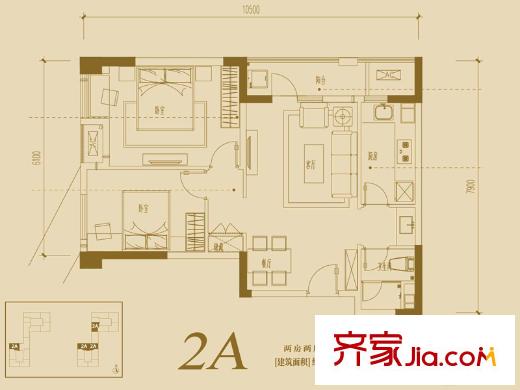 萬科金域湖庭1單元2A戶型圖 2室2廳1衛(wèi)1廚