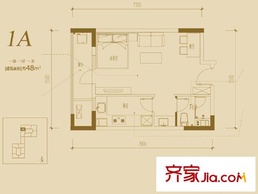萬科金域湖庭1單元1A戶型圖 1室1廳1衛(wèi)1廚