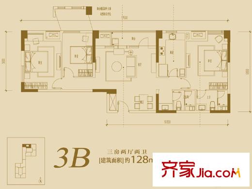 萬(wàn)科金域湖庭1單元3B戶型圖 3室2廳2衛(wèi)1廚