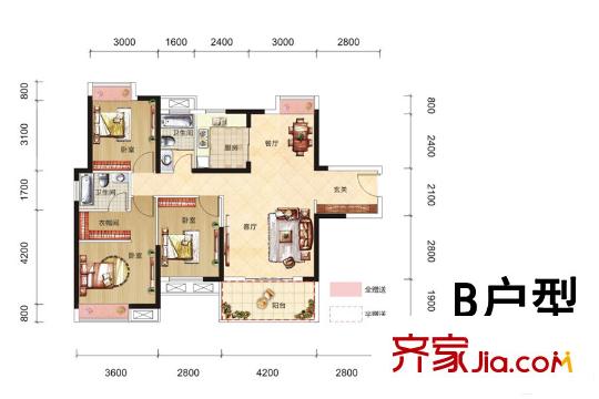 星光國(guó)際2、3、4#樓B戶型 3室2廳2衛(wèi)1廚