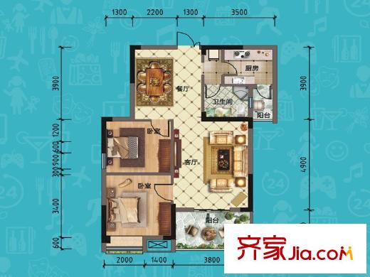 漢北廣場(chǎng)1、2、3號(hào)樓A2戶型 2室2廳1衛(wèi)1廚