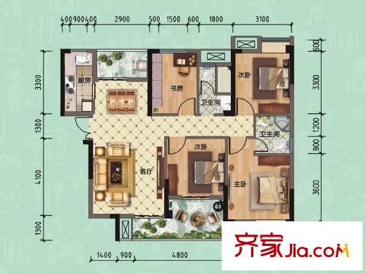 漢北廣場(chǎng)1、2、3號(hào)樓A3戶型 4室2廳2衛(wèi)1廚