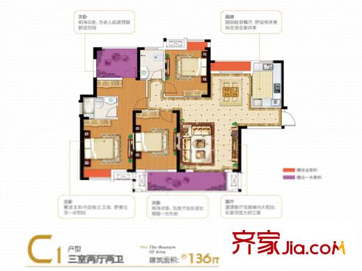 中大長江紫都六期3號樓C1戶型 3室2廳2衛(wèi)1廚