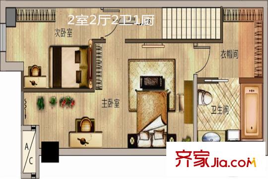 華虹領(lǐng)航城1-4號(hào)樓52平米戶型樓上 2室2廳2衛(wèi)1廚