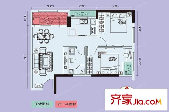 愛特@城1號(hào)樓A3戶型 2室1廳1衛(wèi)1廚