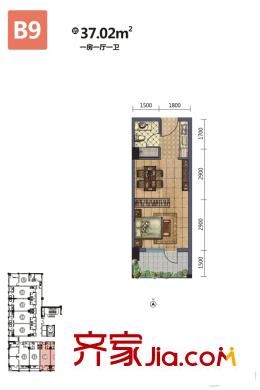 天下龍嶺廣場(chǎng)2號(hào)樓B9戶型37.02平 1室1廳1衛(wèi)1廚