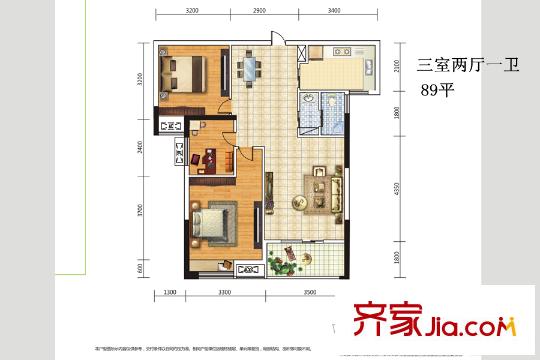 天下龍嶺廣場(chǎng)1號(hào)樓A2戶型 3室2廳1衛(wèi)1廚