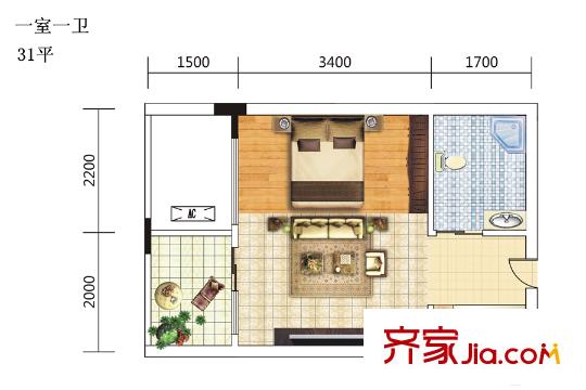 天下龍嶺廣場(chǎng)3號(hào)樓C3戶型 1室1廳1衛(wèi)1廚