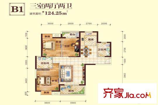 萬(wàn)基國(guó)際廣場(chǎng)7、8號(hào)樓B1戶型 3室2廳2衛(wèi)1廚