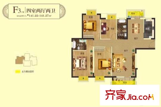 萬(wàn)基國(guó)際廣場(chǎng)3、4號(hào)樓F3戶型 4室2廳2衛(wèi)1廚