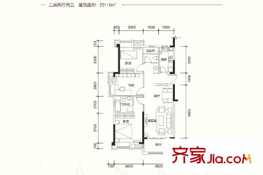 華潤(rùn)翡翠城B2戶型 3室2廳2衛(wèi)1廚