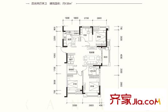 華潤(rùn)翡翠城A2戶型 4室2廳2衛(wèi)1廚