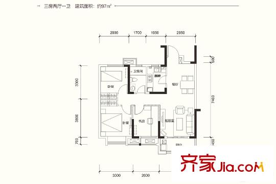 華潤(rùn)翡翠城D3戶型 3室2廳1衛(wèi)1廚