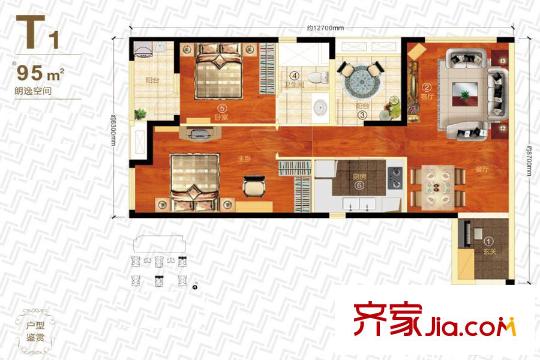 萬科漢口傳奇3、5、7號樓T1戶型 2室2廳1衛(wèi)1廚