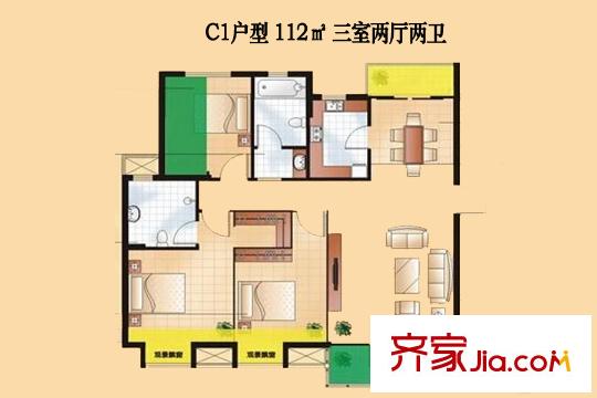 翰林雅居二期玺园7,10号楼c1户型 3室2厅2卫1厨