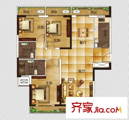 愛(ài)佳7985-9號(hào)樓B1戶型 3室2廳2衛(wèi)1廚