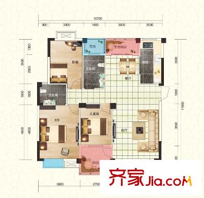 武湖新天地E戶型 3室2廳2衛(wèi)1廚