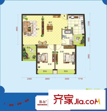 怡景江南B1、B2棟B-b'戶型(售完) 2室2廳1衛(wèi)