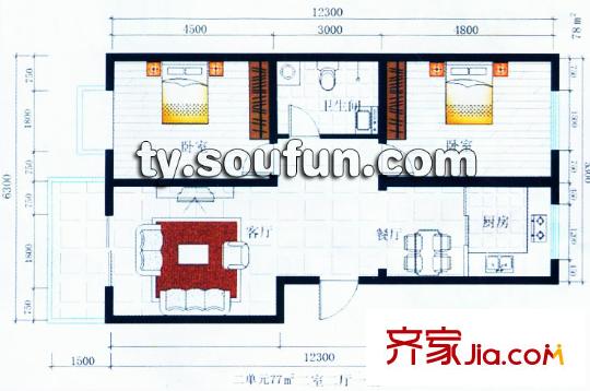 龍城半島戶型圖二單元戶型 2室2廳1衛(wèi)