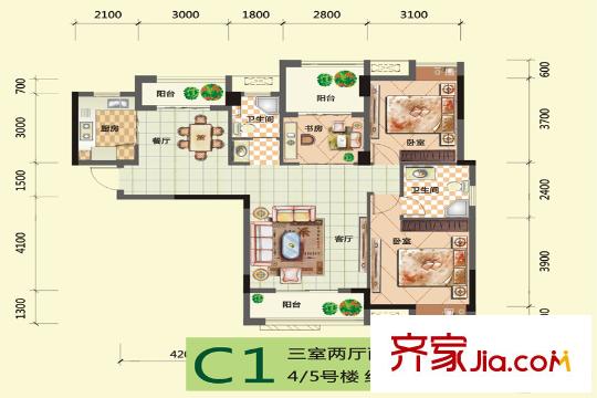 漢北大全景4、5號(hào)樓C1戶型 3室2廳2衛(wèi)1廚