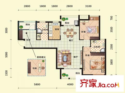 漢北大全景1號(hào)樓和2號(hào)樓的A1戶型（已售罄） 3室2廳2衛(wèi)1廚
