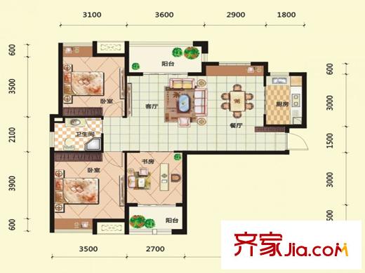 漢北大全景3號(hào)樓B1戶型  （已售罄） 3室2廳1衛(wèi)1廚