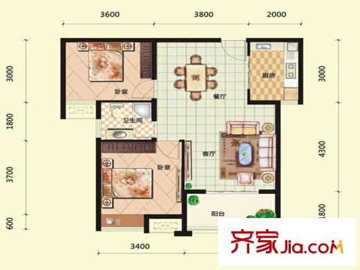漢北大全景3號(hào)樓 B2戶型（已售罄） 2室2廳1衛(wèi)1廚