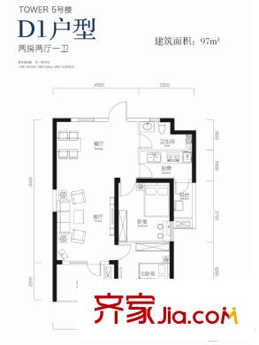 百瑞景中央生活區(qū)五期5號(hào)樓D1戶型 2室2廳1衛(wèi)1廚