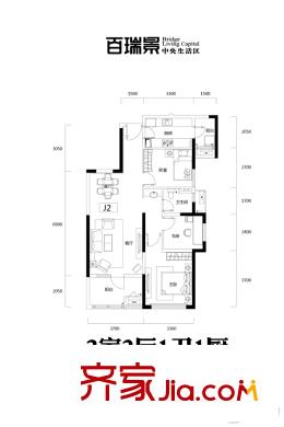 百瑞景中央生活區(qū)五期10號(hào)樓J2戶型 3室2廳1衛(wèi)1廚