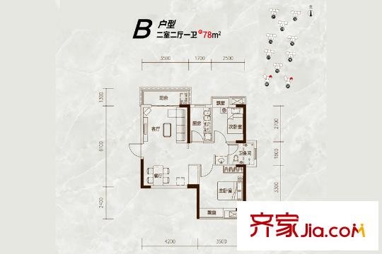 光谷坐標(biāo)城九期80、81號樓B戶型 2室2廳1衛(wèi)1廚