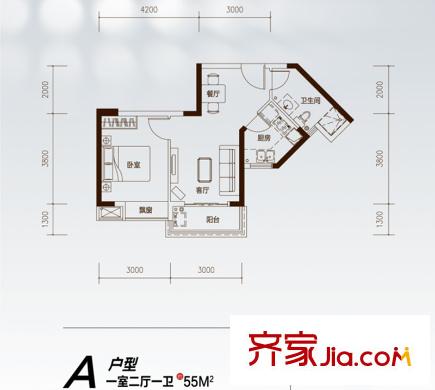 光谷坐標(biāo)城九期80、81號樓A戶型 1室2廳1衛(wèi)1廚