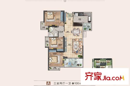越秀國際金融匯1、2、3、4號樓A戶型 3室2廳1衛(wèi)1廚