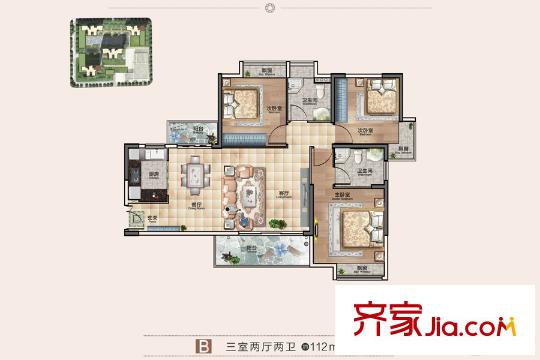 越秀國際金融匯3、4號樓B戶型 3室2廳1衛(wèi)1廚
