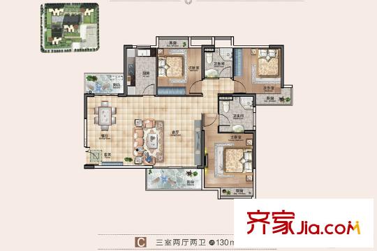 越秀國際金融匯2、4號樓C戶型 3室2廳2衛(wèi)1廚