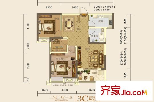 百步亭現(xiàn)代城四區(qū)3、4、5、6、8號樓3C戶型 2室2廳1衛(wèi)1廚