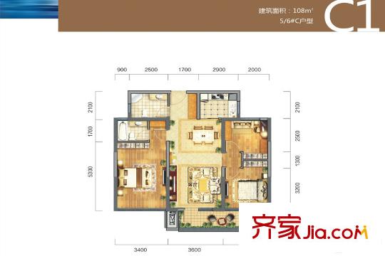 招商江灣國際5/6#C1戶型108平 3室2廳2衛(wèi)1廚