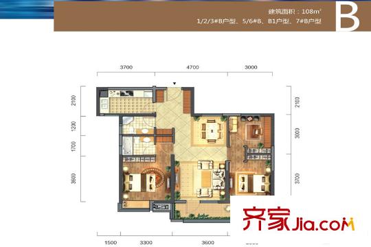 招商江灣國(guó)際1/2/3/5/6/7#B戶型108平 3室2廳2衛(wèi)1廚