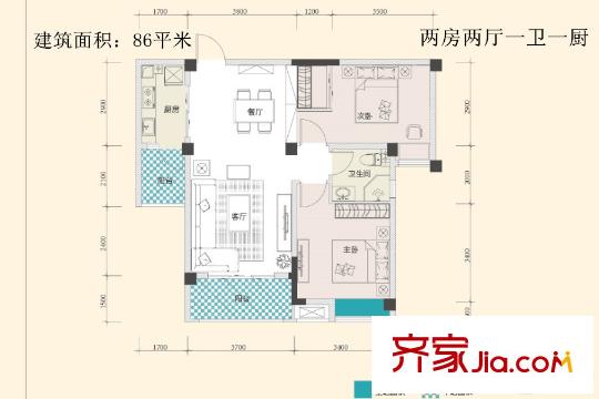 F、綠島1、2、3、4、5、7、9、12、15號樓A2戶型 2室2廳2衛(wèi)1廚